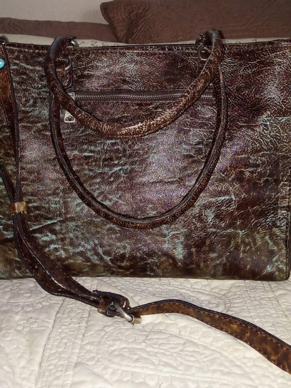 Patricia Nash Turquoise Brown Tooled Leather Satchel Crossbody Bag - Picture 3 of 10